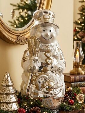 Large 17” Traditions Handpainted Blown Glass Snowman - Silver & Gold with box